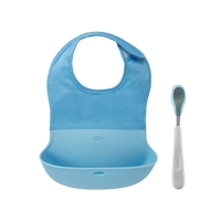 OXO Zestaw Śliniak Zwijany z Łyżeczką Aqua