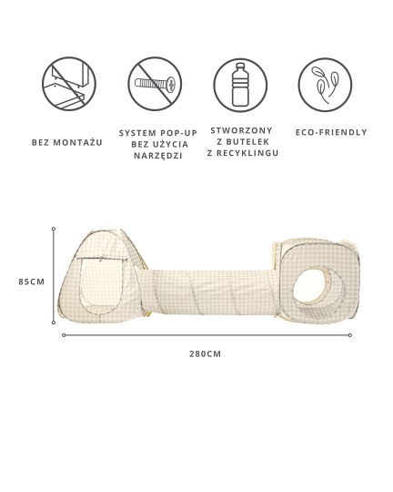 3 Sprouts Zestaw Namiotów dla Dzieci z Tunelem 3w1 Gingham Beige