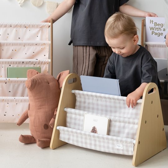 3 Sprouts Stojak na Książki dla Dzieci Przenośny Gingham Beige